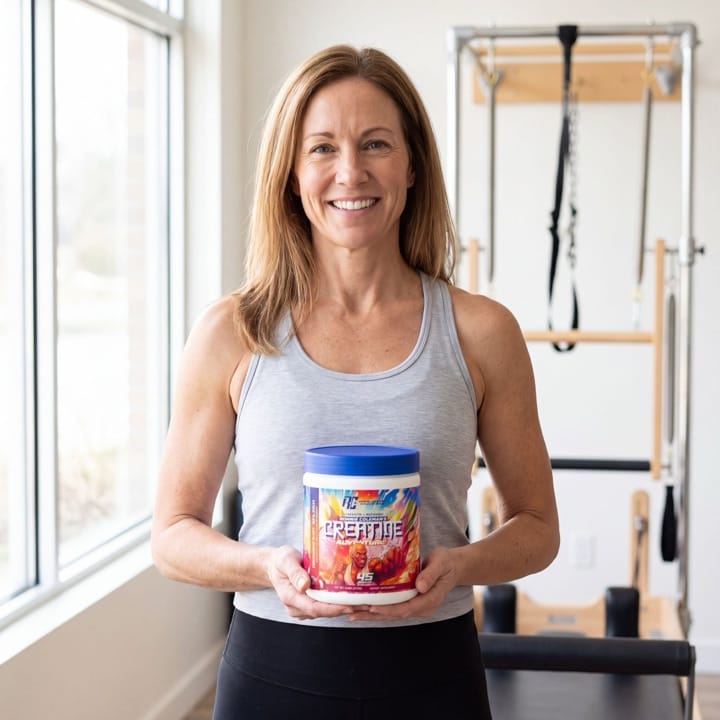 Woman in a Pilates studio holding a Creatine Adventure tub