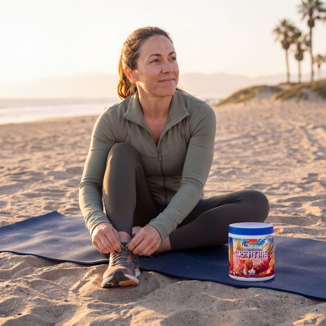 Woman tying her shoe on a mat on the sand, the tub beside her