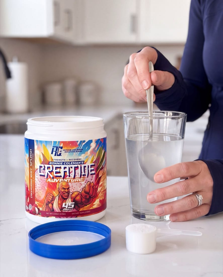 Hand stirring a glass of DragonFruit Splash beside the tub, scoop and lid