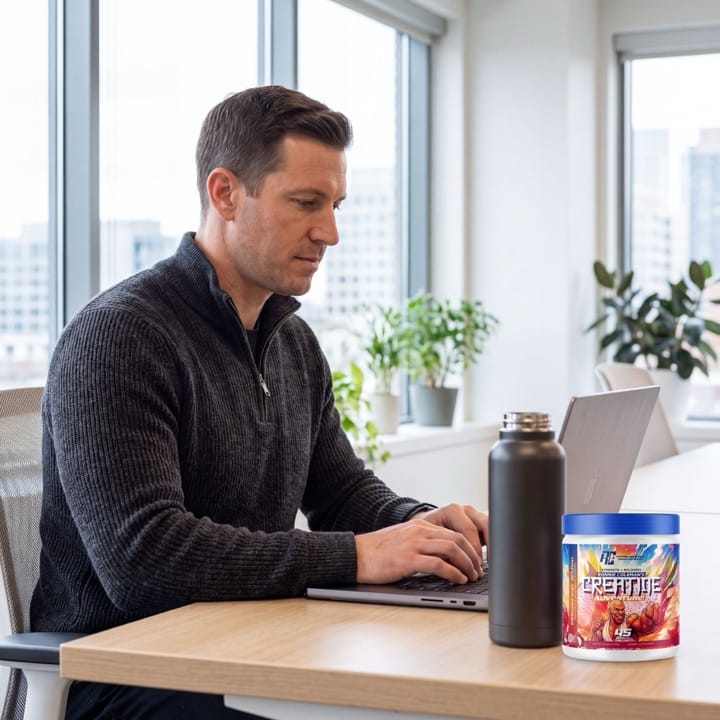 Man working at a laptop with a water bottle and a Creatine Adventure tub