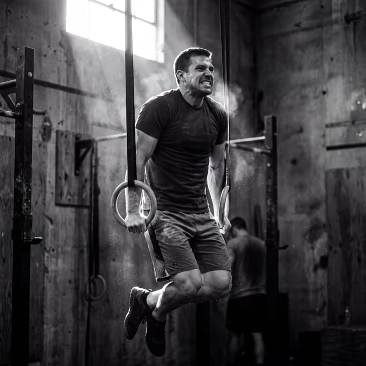 Man training on gym rings, black and white photo