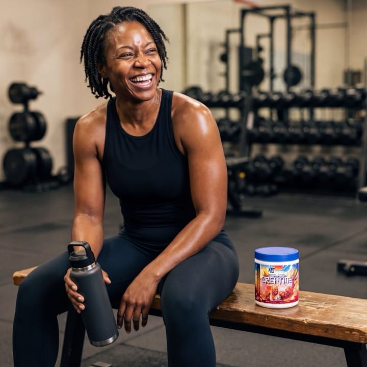 Woman laughing on a gym bench with a Creatine Adventure tub beside her