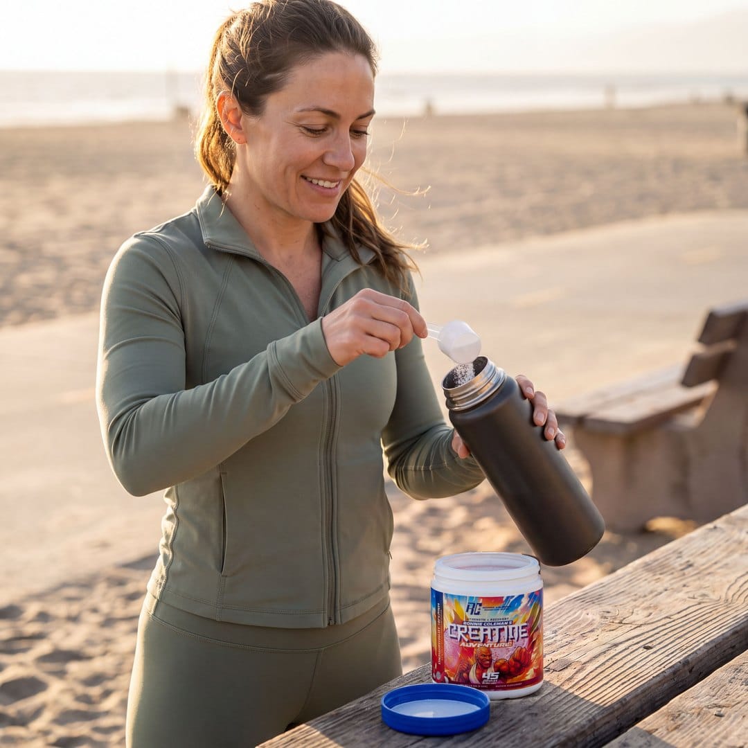 Woman adding a scoop of creatine to a water bottle on the beach